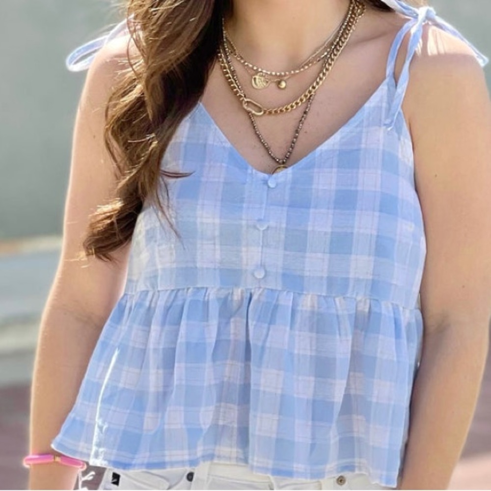 Dillard’s Blu Pepper Babydoll Peplum Button Gingham Cropped Tie Tank Top (size M